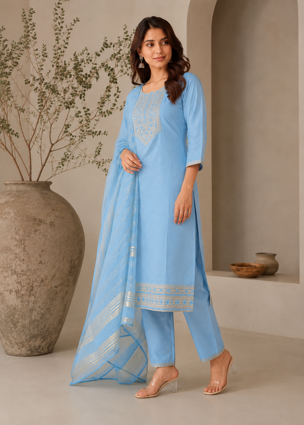 Women's Dusty Blue 3-Piece Embroidered Kurta and Pant Set with Dupatta — Kurta Sets — view 2 | Lehar Clothing UAE