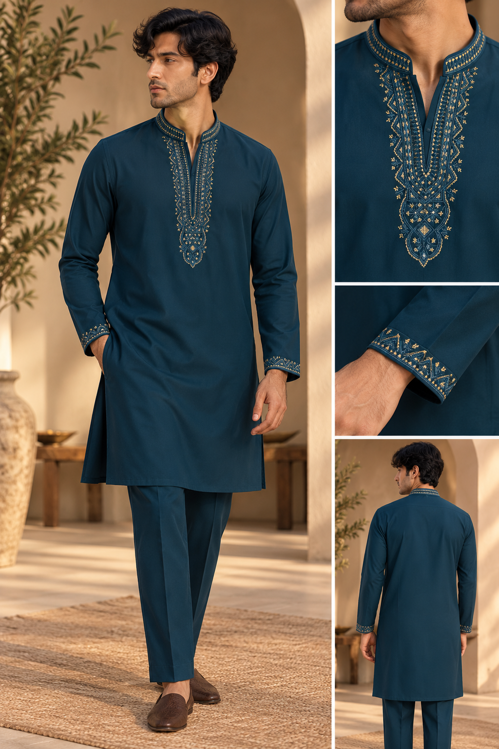Men’s Deep Teal Blue Kurta Set with Intricate Gold Thread Embroidery & Matching Straight Pants — Kurta Sets — view 2 | Lehar Clothing UAE