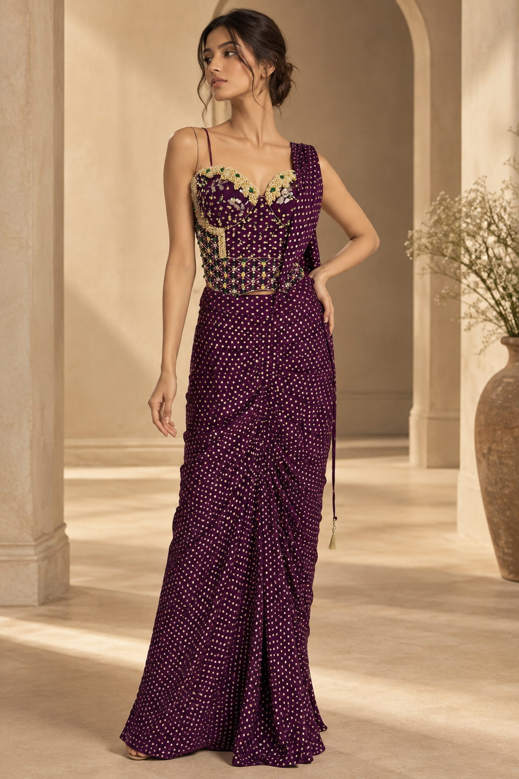 Women's Deep Plum Embellished Sweetheart Neck Bustier with Mirror & Bead Work and Pre-Draped Saree Set — Sarees — view 2 | Lehar Clothing UAE