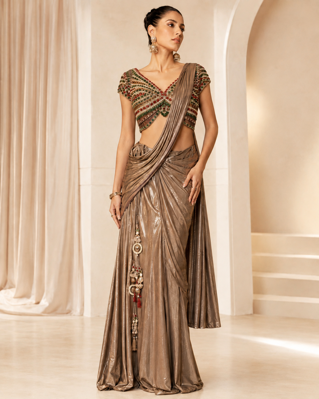 Women’s Metallic Bronze Draped Skirt Set with Multicolor Embellished Crop Top — Kurta Sets | Lehar Clothing UAE