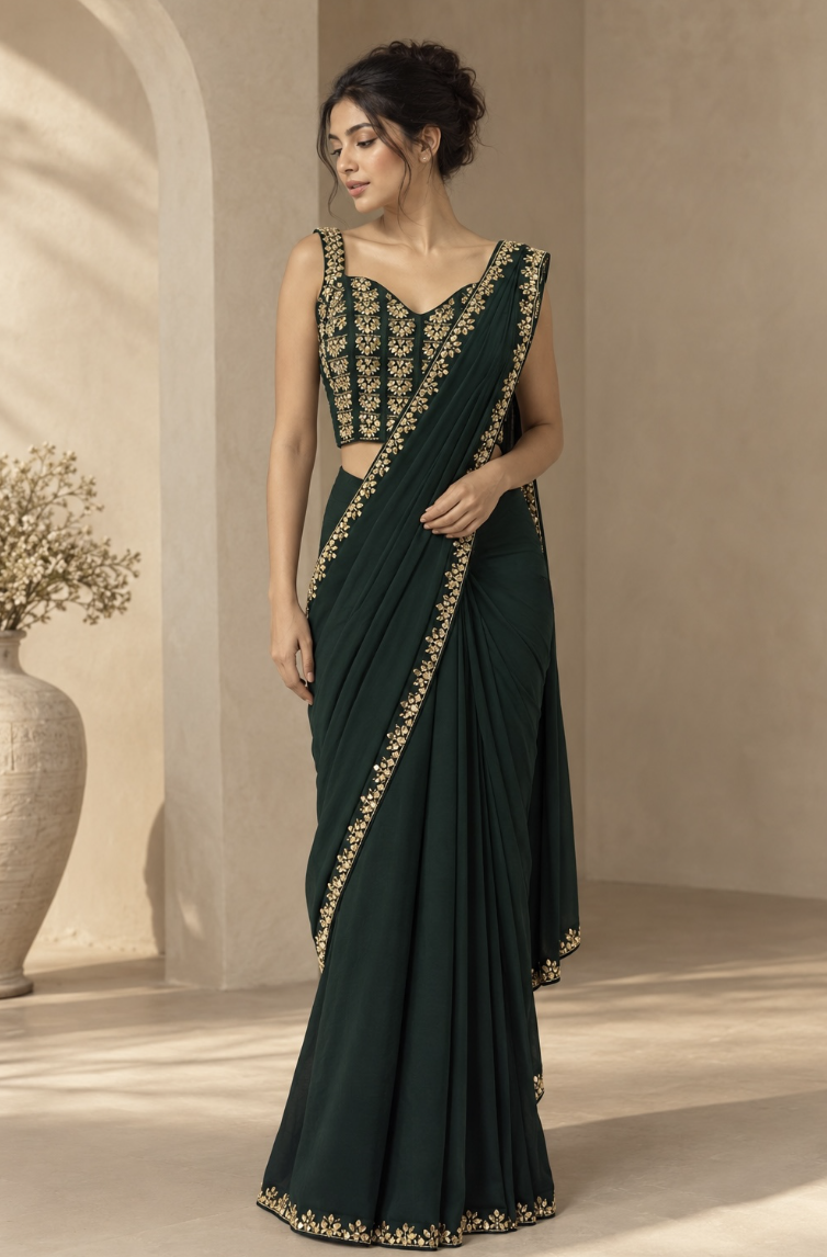 Women’s Bottle Green Georgette Saree with Gold Embroidered Border & Silk-Blend Sleeveless Blouse — Sarees | Lehar Clothing UAE