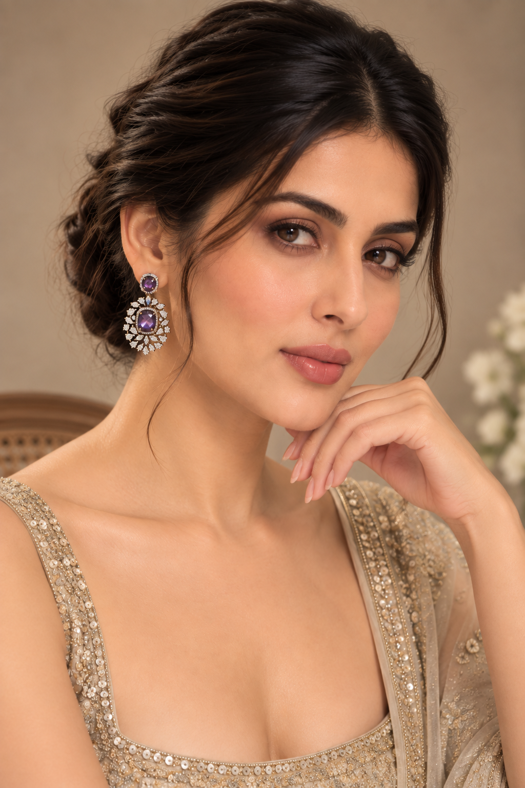Purple Stone Cluster Drop Earrings – Rose Gold-Tone Indian Bridal Jewelry — Jewellery — view 2 | Lehar Clothing UAE