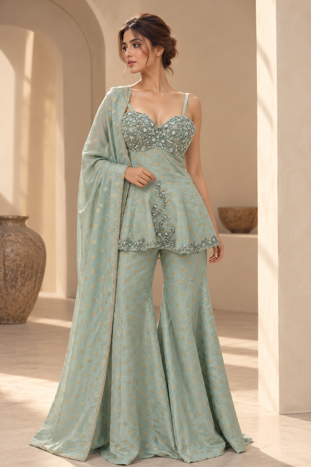 Pastel Mint Green Embellished Bustier Peplum Top with Flared Palazzo Pants Set — Palazzo Sets — view 2 | Lehar Clothing UAE