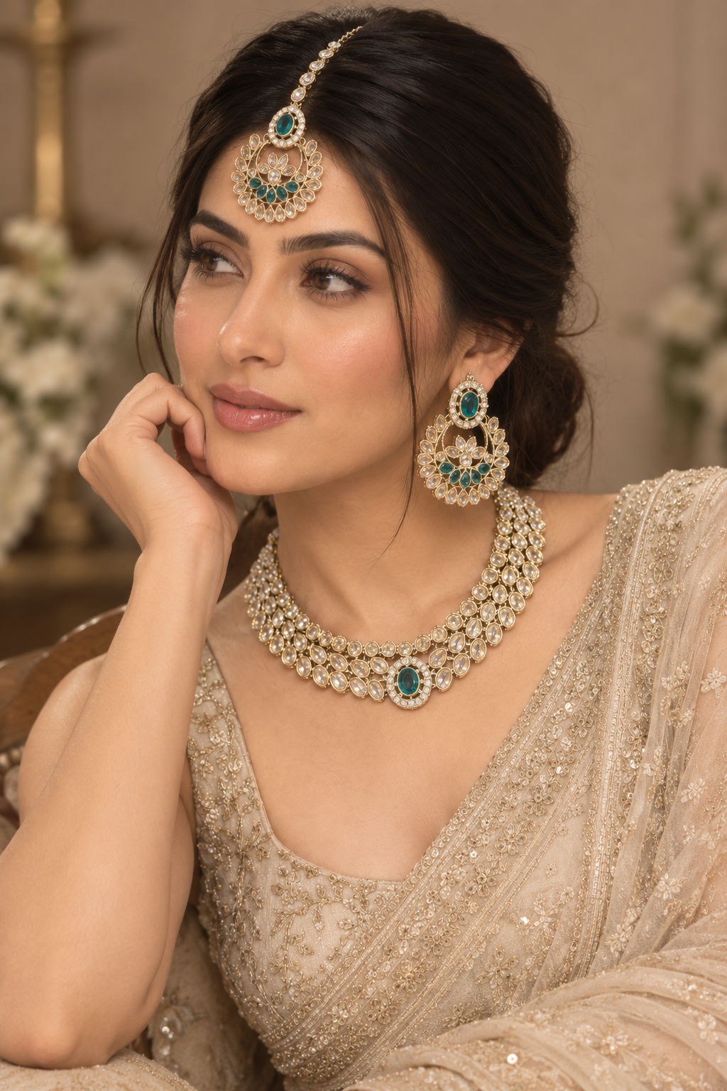 Teal Green Kundan Layered Choker Set with Chandbali Earrings & Maang Tikka - Indian Bridal Jewelry — Jewellery | Lehar Clothing UAE