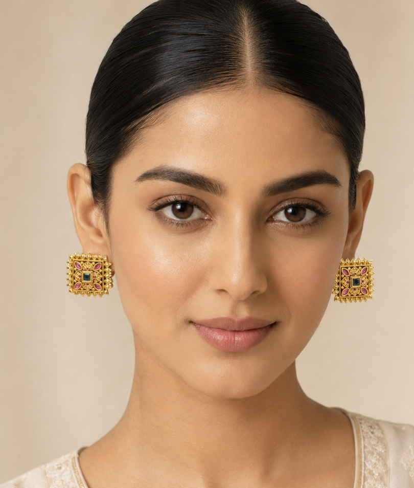 Women’s Gold-Tone Multicolor Kundan Square Stud Earrings — Jewellery — view 3 | Lehar Clothing UAE
