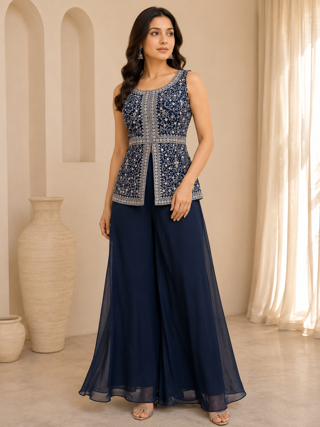 Blue Sleeveless Scoop Neck Short Kurti and Plain Sharara Suit 3-Piece Set — Sharara Set — view 2 | Lehar Clothing UAE