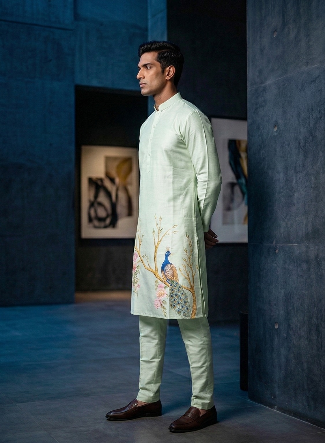 Men’s pastel green embroidered silk blend kurta set – ivory with peacock floral motif — Kurta Sets — view 2 | Lehar Clothing UAE