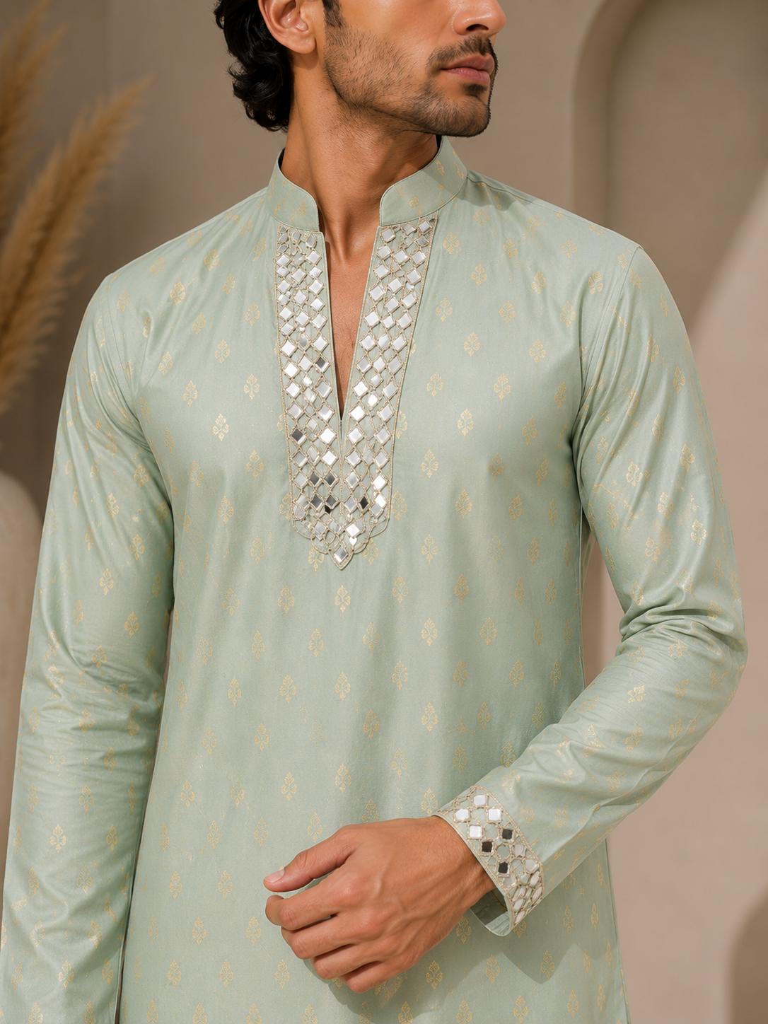 Green Mirror Embellished Kurta Set — Kurta Sets — view 3 | Lehar Clothing UAE