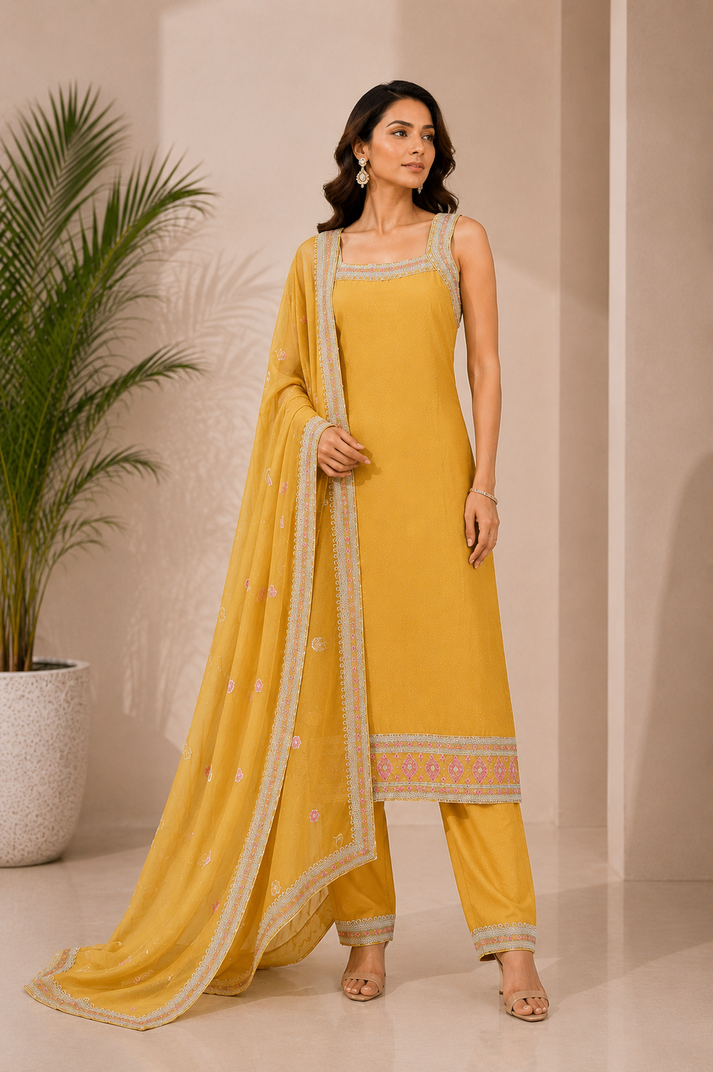 Yellow Square-Neck Embellished Straight Kurti with Matching Trousers and Bordered Dupatta — Kurta Sets | Lehar Clothing UAE