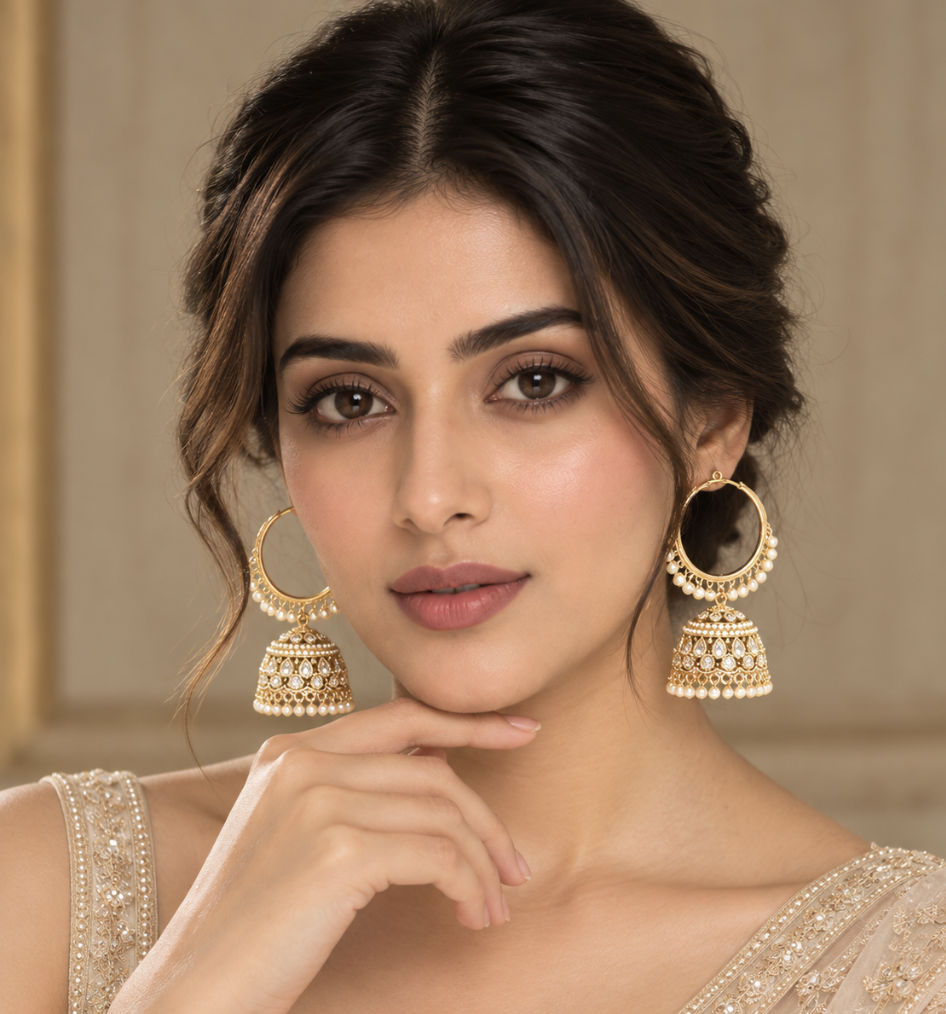 Imitation Gold-Tone Hoop Jhumka Earrings with Kundan Stones & Pearl Drops — Jewellery | Lehar Clothing UAE