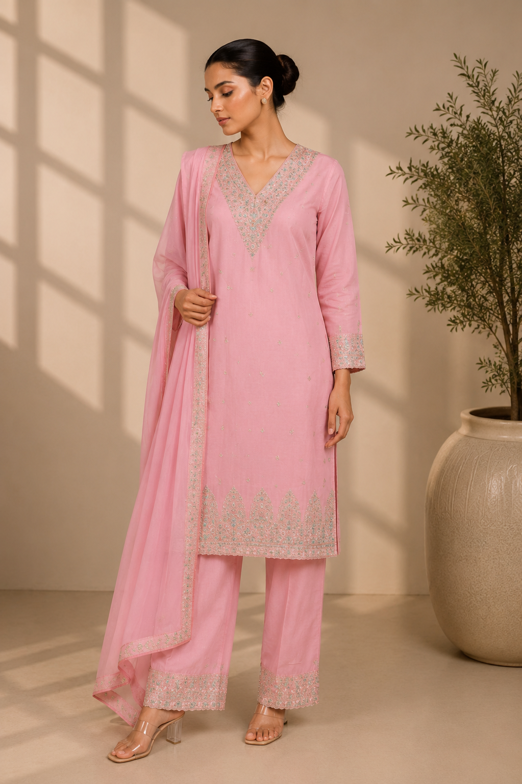 Baby Pink Embroidered Kurta Set with Dupatta — Kurta Sets | Lehar Clothing UAE