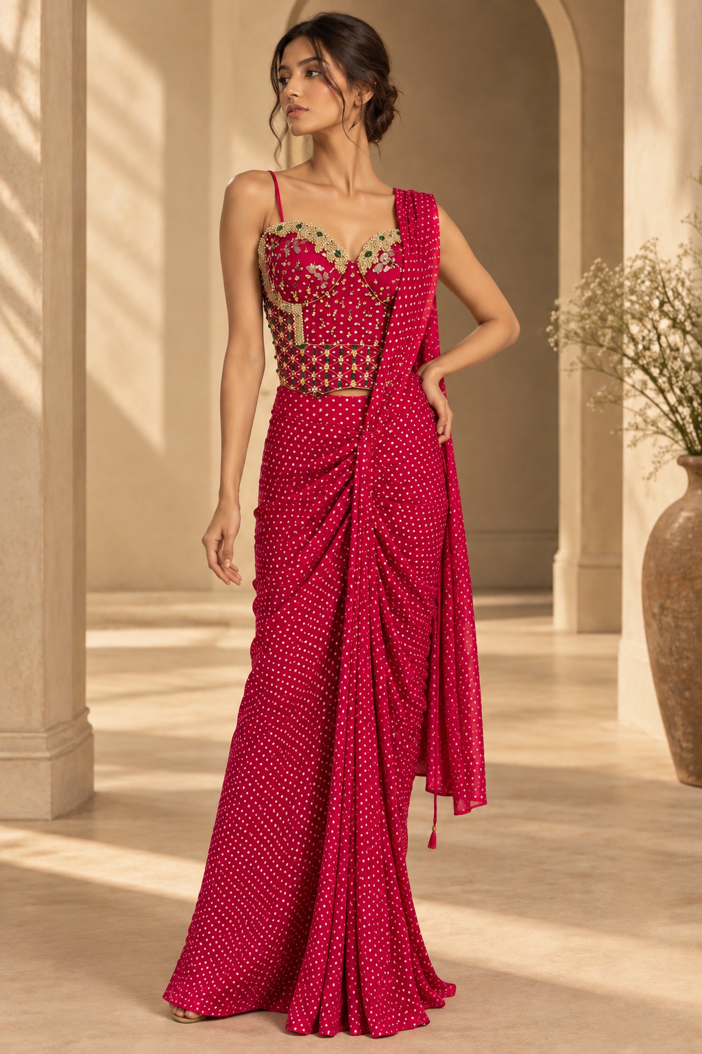 Women's Ruby Red Embellished Sweetheart Neck Bustier with Mirror & Bead Work and Pre-Draped Saree Set — Sarees — view 3 | Lehar Clothing UAE