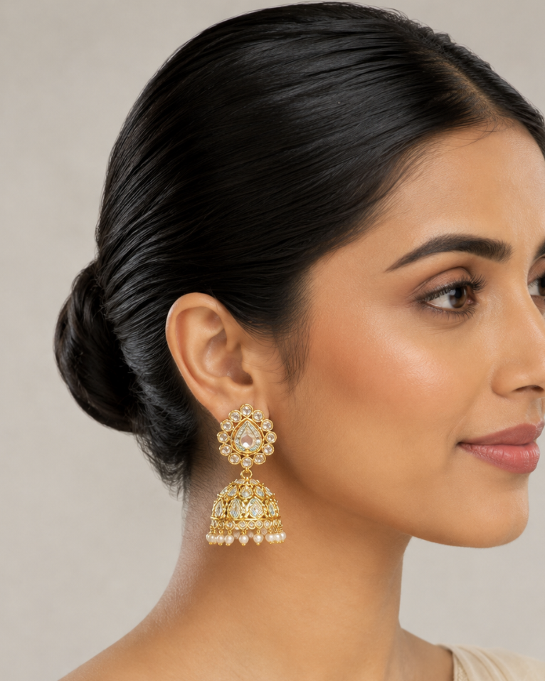 Imitation Gold-Tone Kundan Jhumka Earrings with Polki Stones & Pearl Drops — Jewellery — view 2 | Lehar Clothing UAE