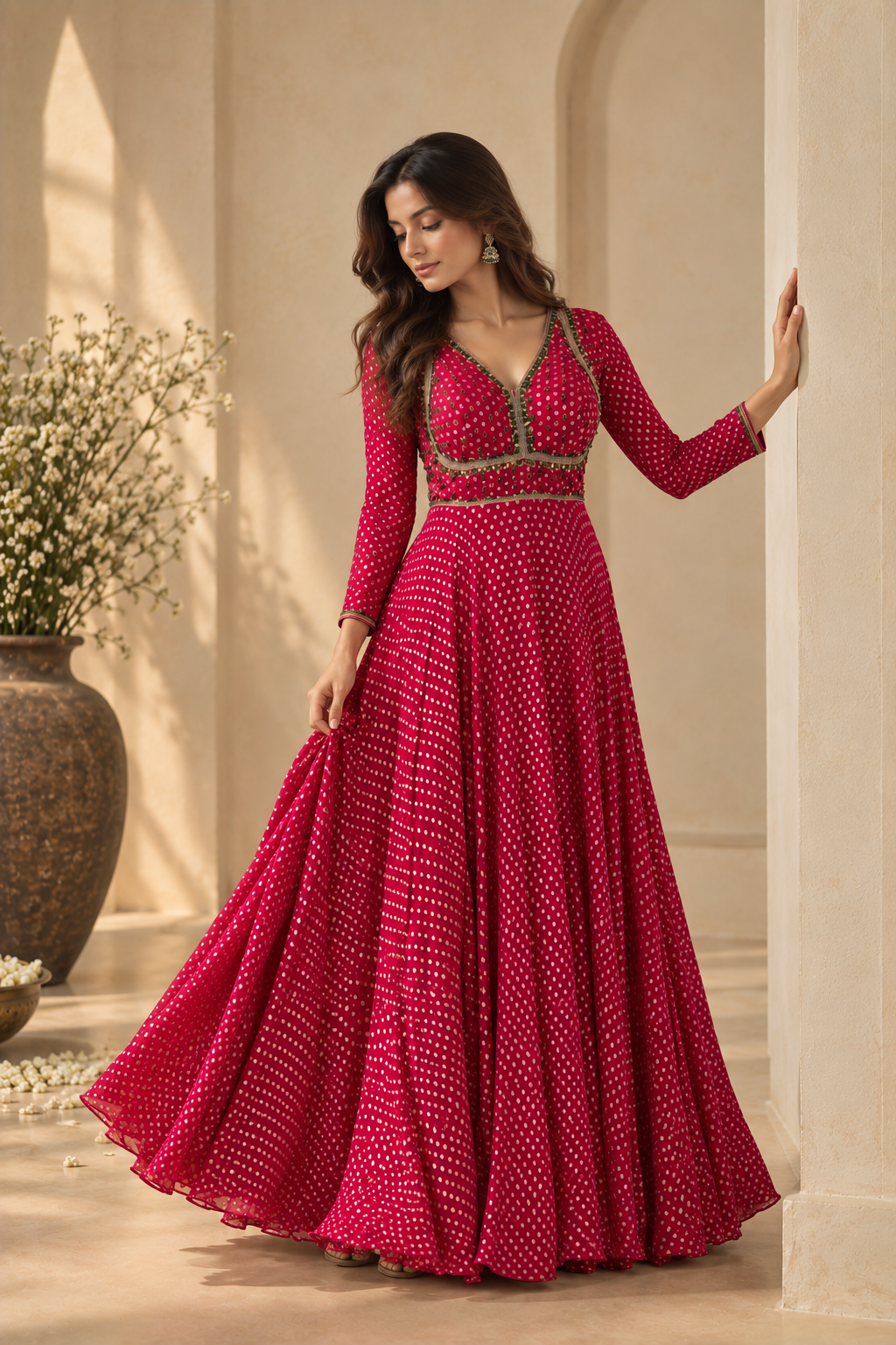 Fuchsia Pink Bandhani Print Anarkali Maxi Dress with Embellished V-Neck — Anarkali — view 2 | Lehar Clothing UAE
