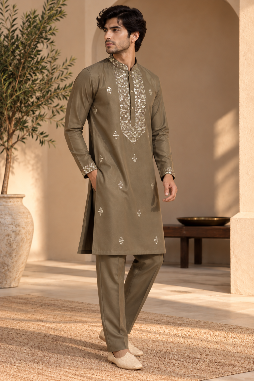 Olive Green Embroidered Kurta Set for Men with Matching Trousers — Kurta Sets — view 3 | Lehar Clothing UAE