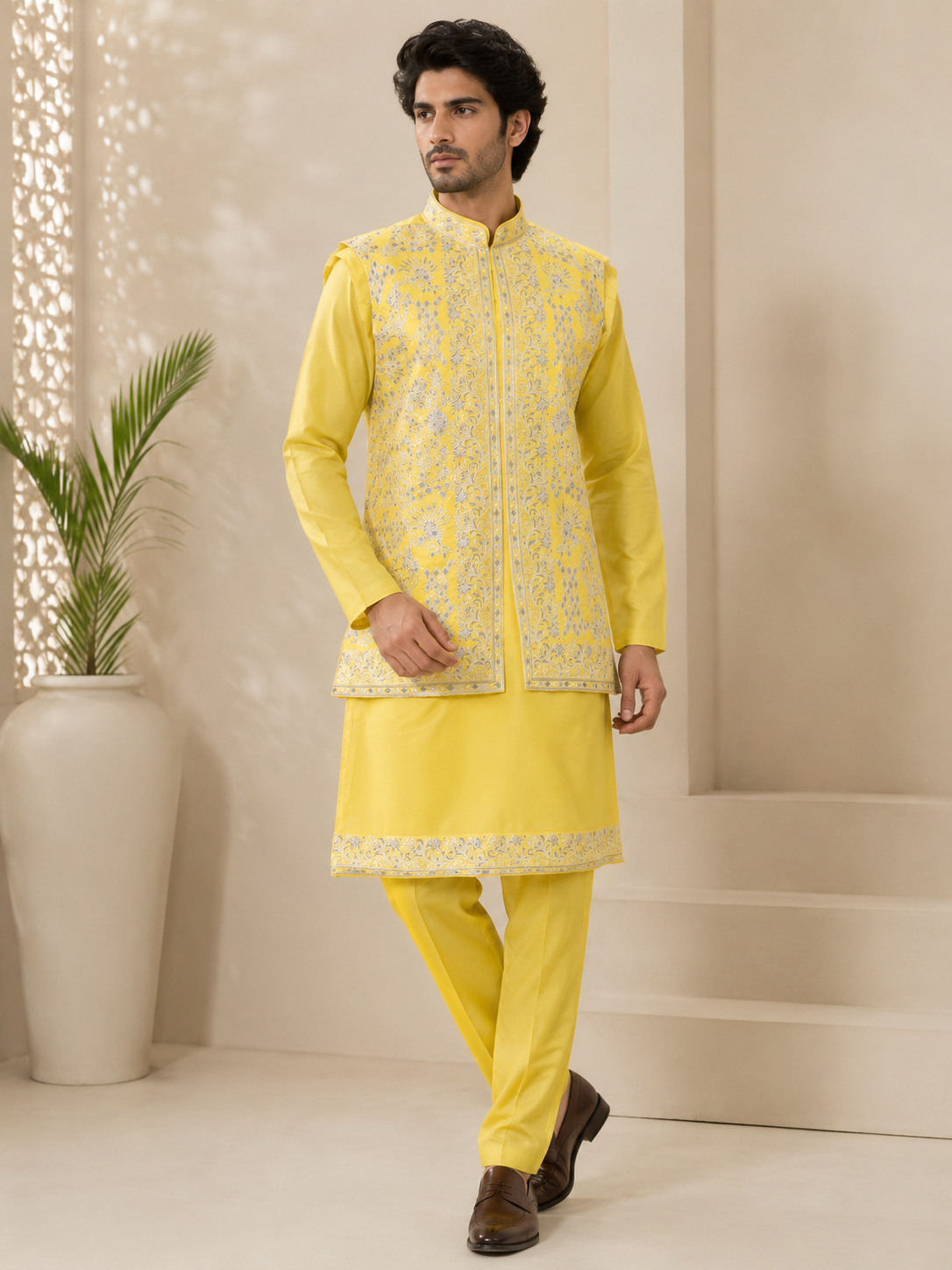 Yellow Embroidered Nehru Jacket with Kurta & Trousers Set — Kurta Sets | Lehar Clothing UAE