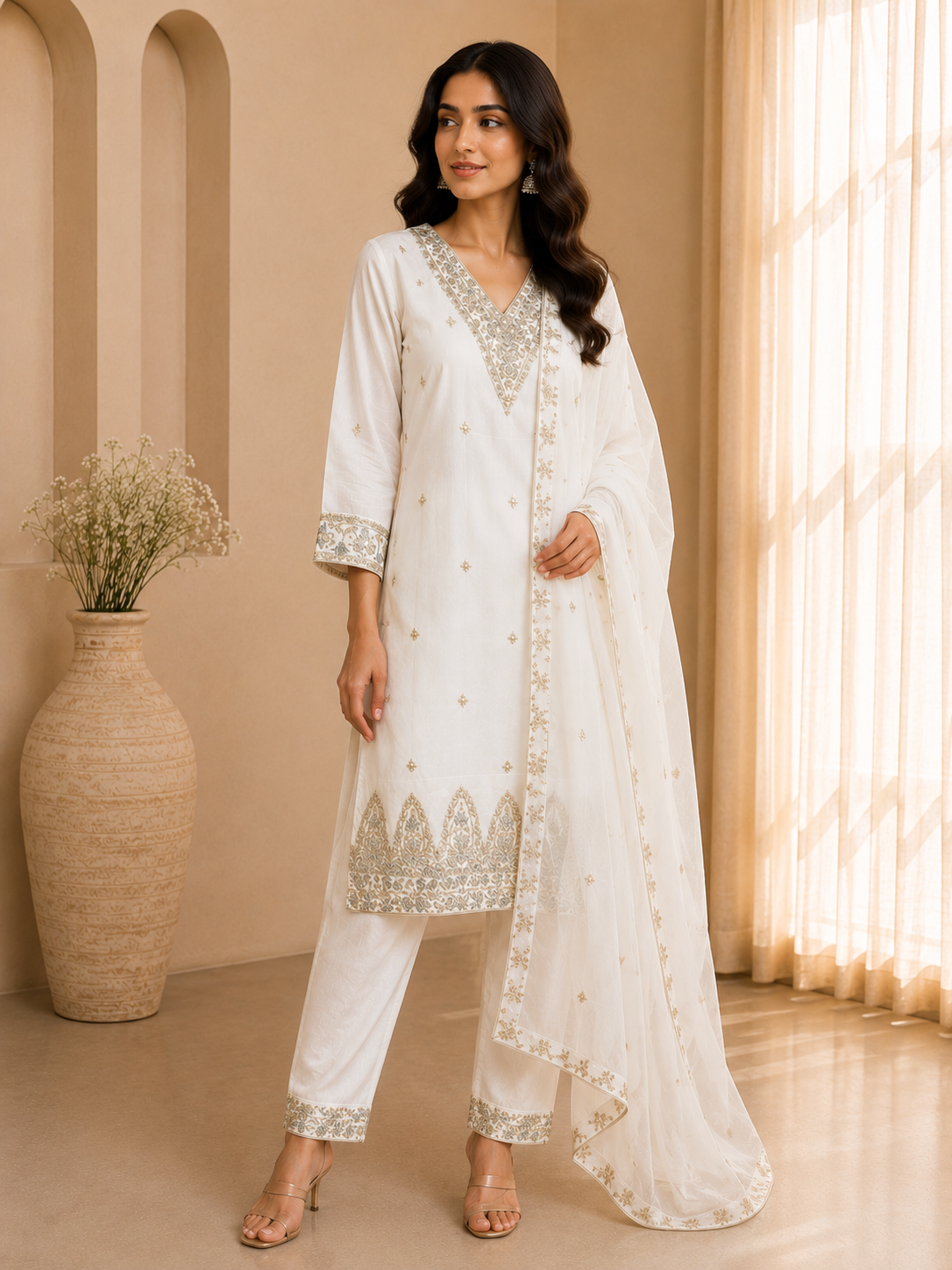 Ivory Gold Embroidered Kurta Set with Dupatta — Kurta Sets | Lehar Clothing UAE