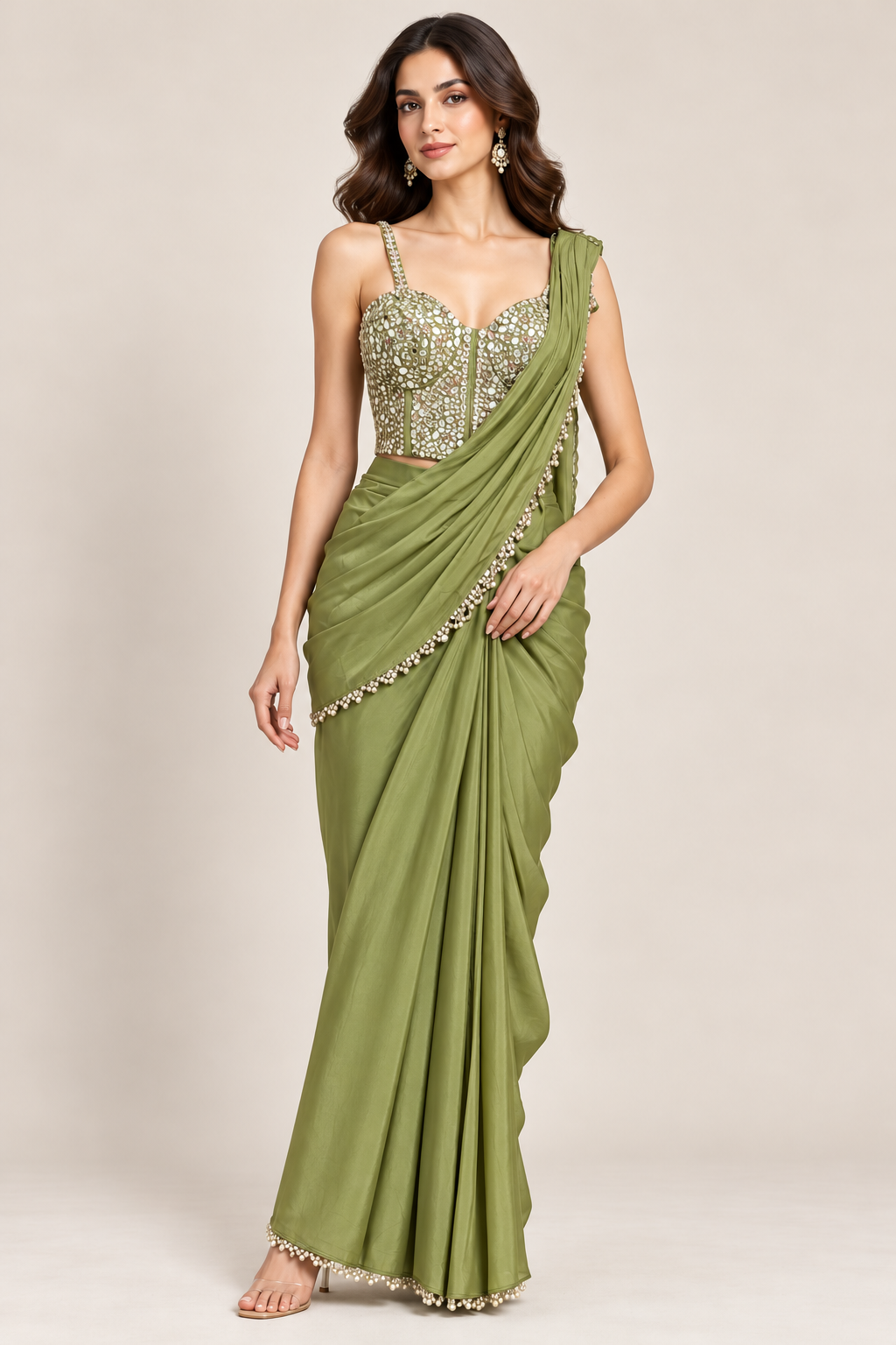 Olive Green Embellished Saree with Mirror Work Blouse — Sarees | Lehar Clothing UAE