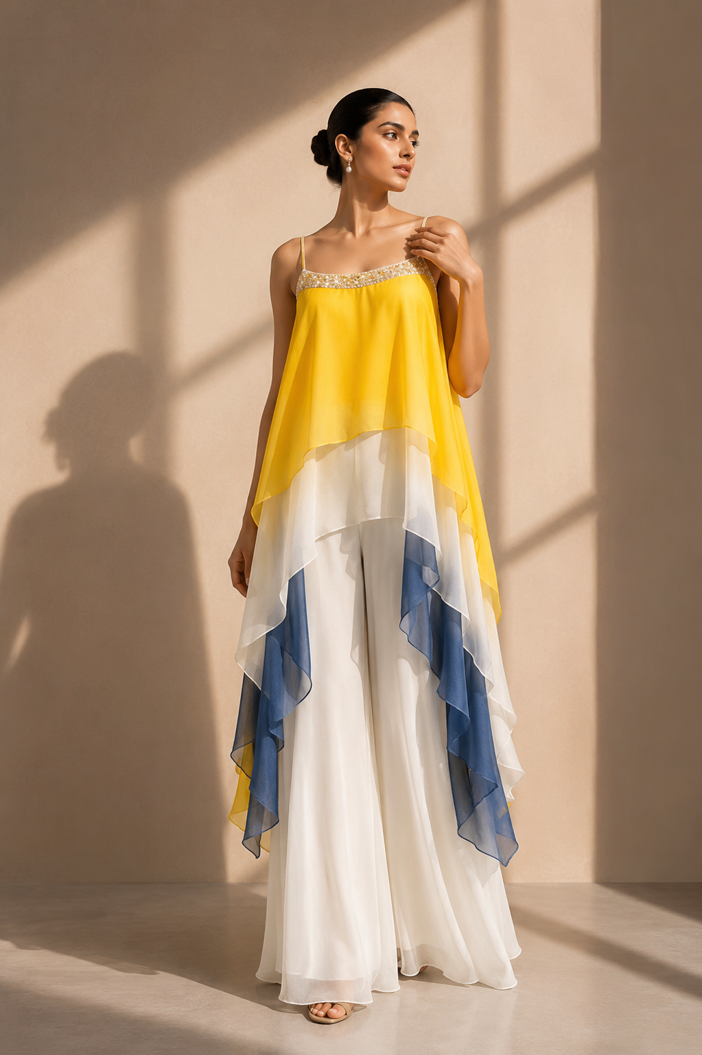 Yellow Colorblock Layered Chiffon Cape Top with White Wide-Leg Palazzo Set — Palazzo Sets — view 2 | Lehar Clothing UAE