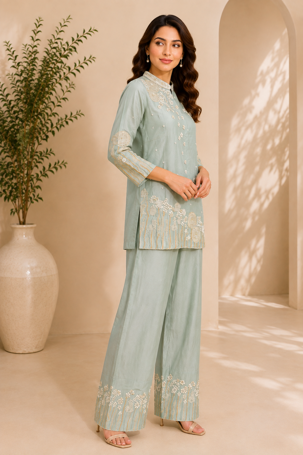 Women's Pastel Blue Floral Embroidered Kurta & Palazzo Co-Ord Set — Co-ord Set | Lehar Clothing UAE