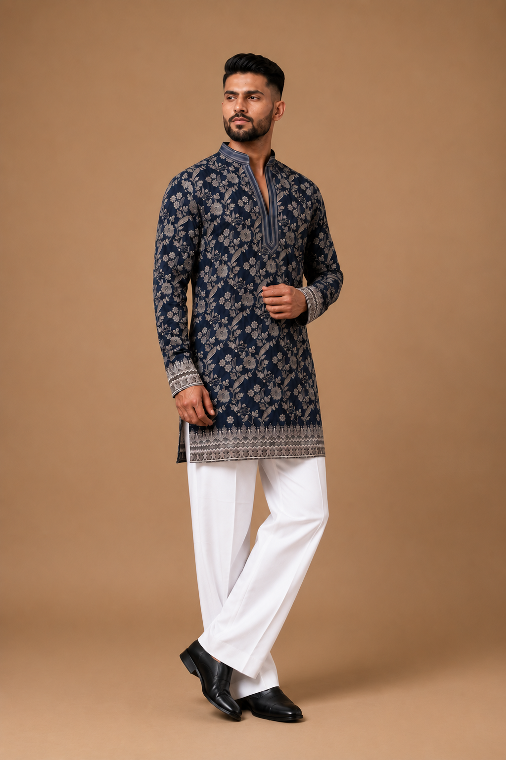 Midnight Blue Floral Embroidered Kurta Set with Relaxed Straight Pants — Kurta Sets — view 3 | Lehar Clothing UAE