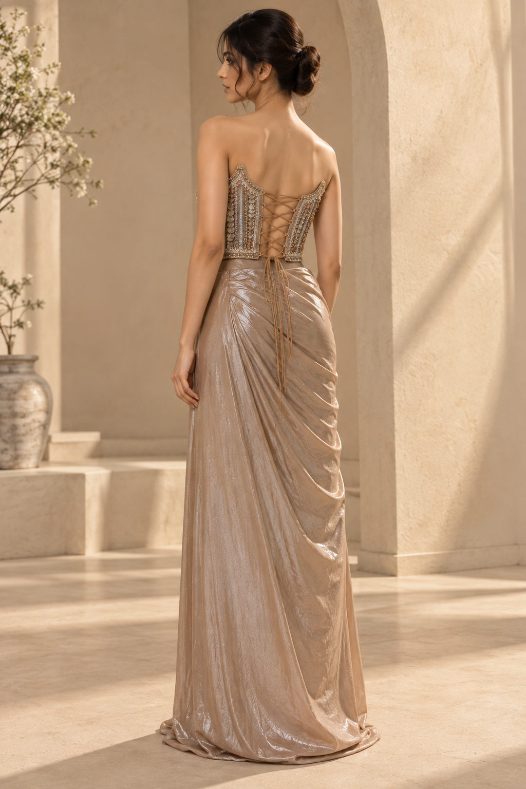 Champagne Gold Embellished Crop Top with Draped Skirt Set — Fusion wear — view 2 | Lehar Clothing UAE