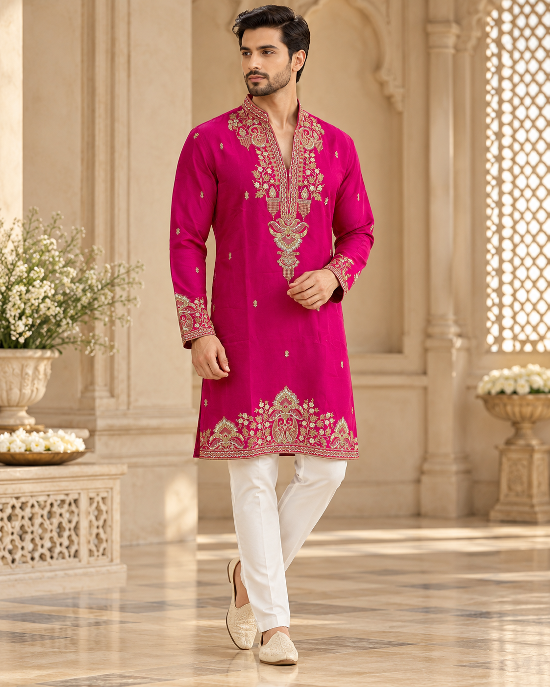 Men’s Fuchsia Pink Embroidered Kurta Pajama Set with Matching Dupatta — Kurta Sets | Lehar Clothing UAE