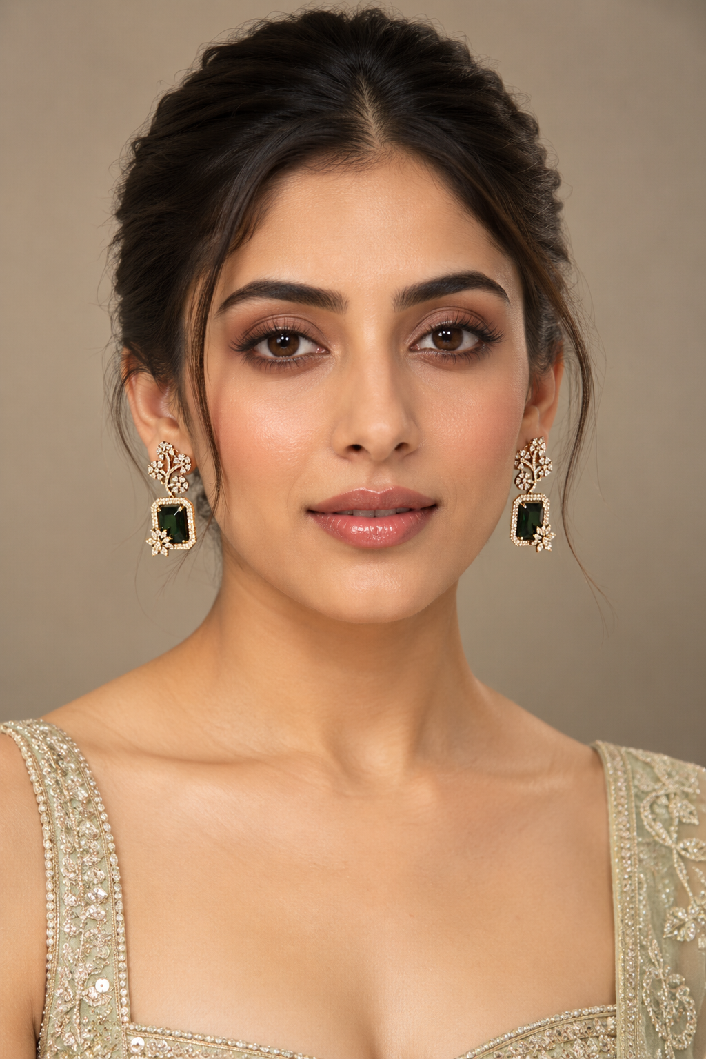 Multicolor Pastel Stone Necklace Set with Earrings & Maang Tikka – Green Centre Stone, Indian Bridal Jewelry — Jewellery — view 2 | Lehar Clothing UAE