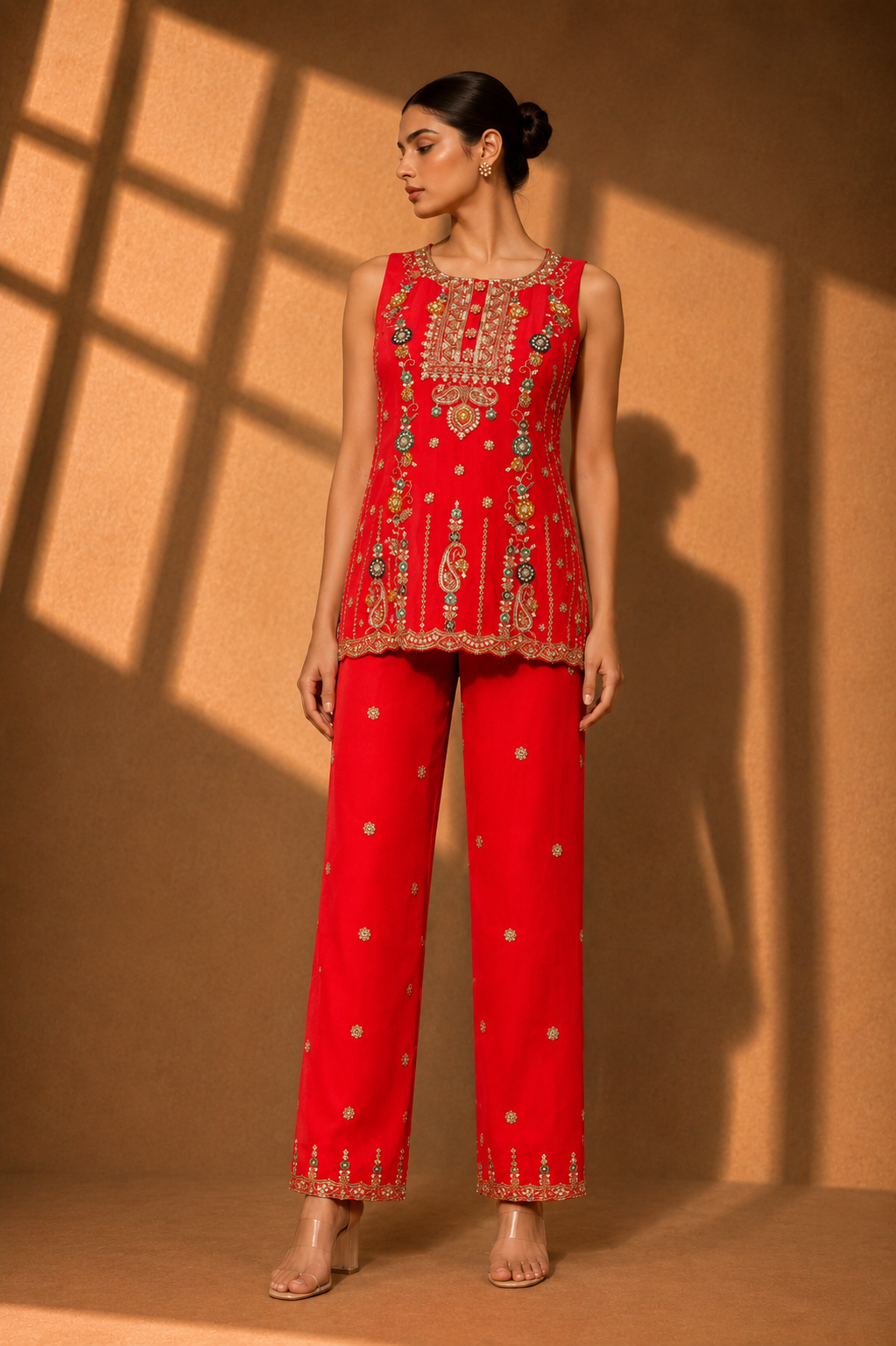 Women's Red Embroidered 3 Piece Kurta Pant Set with Organza Dupatta — Sarees — view 3 | Lehar Clothing UAE