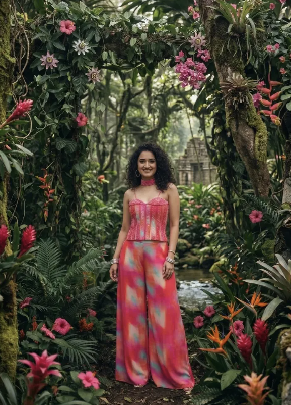 Hand-embellished pink sequin corset with high-waisted tie-dye palazzos — Palazzo Sets | Lehar Clothing UAE
