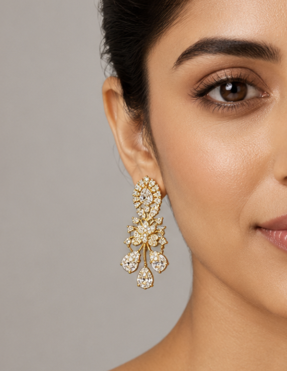 Women’s Gold-Tone Floral Crystal Drop Earrings – Statement Imitation Jewellery — Jewellery — view 2 | Lehar Clothing UAE