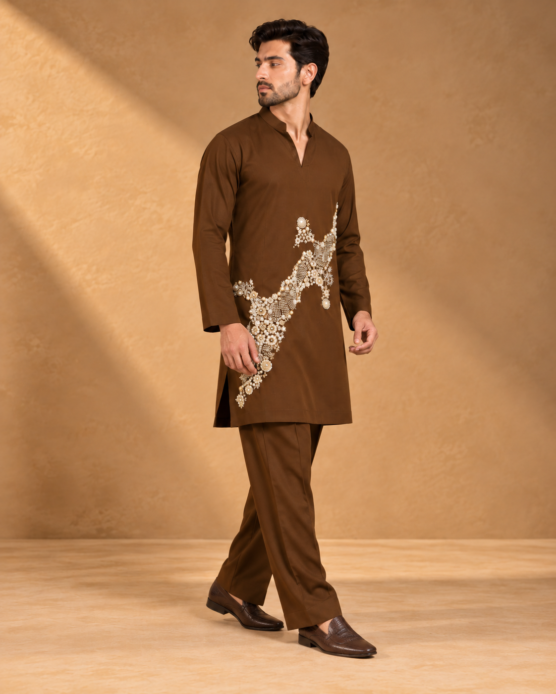 Men’s Chocolate Brown Pearl & Bead Embellished Kurta Pajama Set — Kurta Sets — view 3 | Lehar Clothing UAE