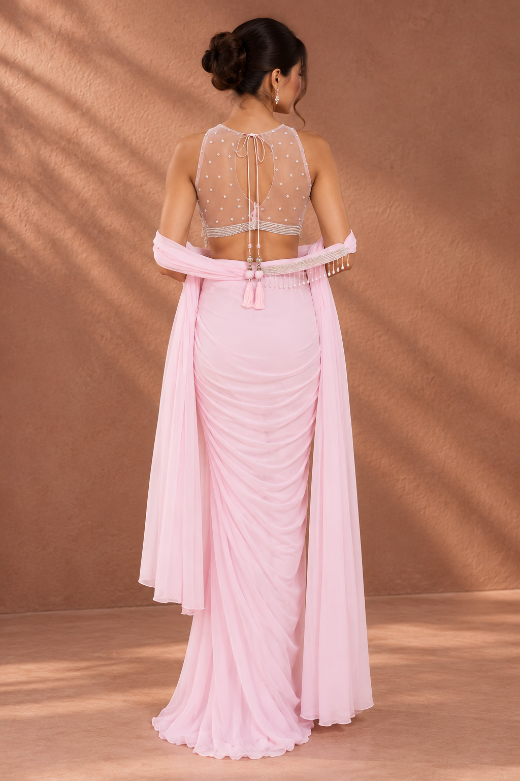 Women’s Baby Pink Embellished Halter Crop Top with Draped Skirt Set — Kurta Sets — view 2 | Lehar Clothing UAE