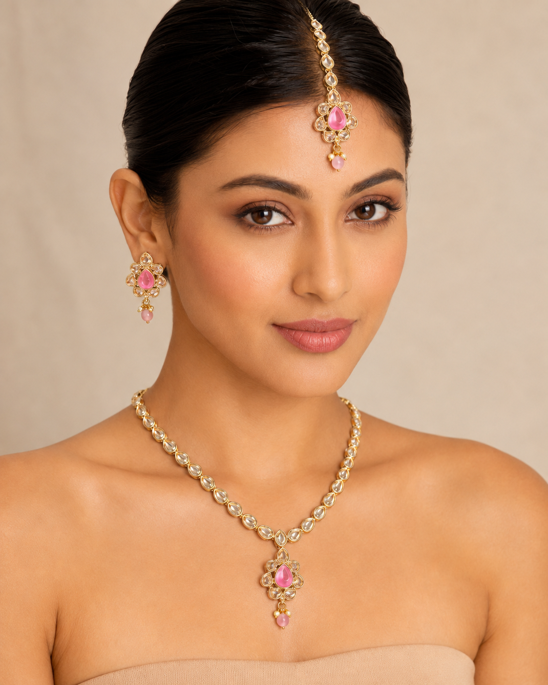 Pink Kundan Necklace Set with Maang Tikka - Gold Tone Indian Bridal — Jewellery — view 5 | Lehar Clothing UAE