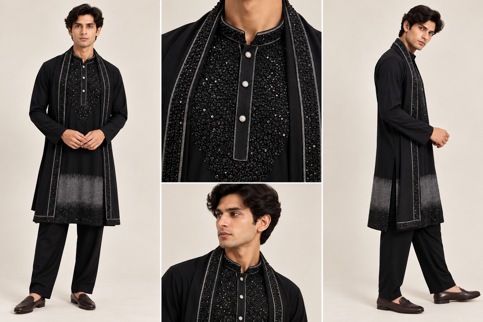 Men’s Black Embellished Kurta Pant Set with Sequin Detailing, Mandarin Collar & Matching Dupatta — Kurta Sets — view 2 | Lehar Clothing UAE