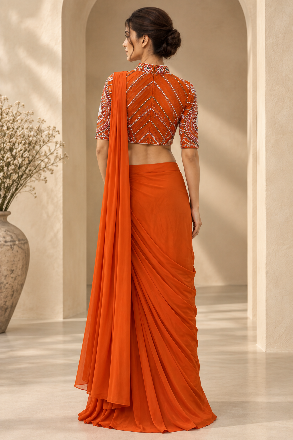 Women’s Orange Embroidered Crop Top with Draped Skirt & Dupatta 3-Piece Set — Fusion wear — view 3 | Lehar Clothing UAE