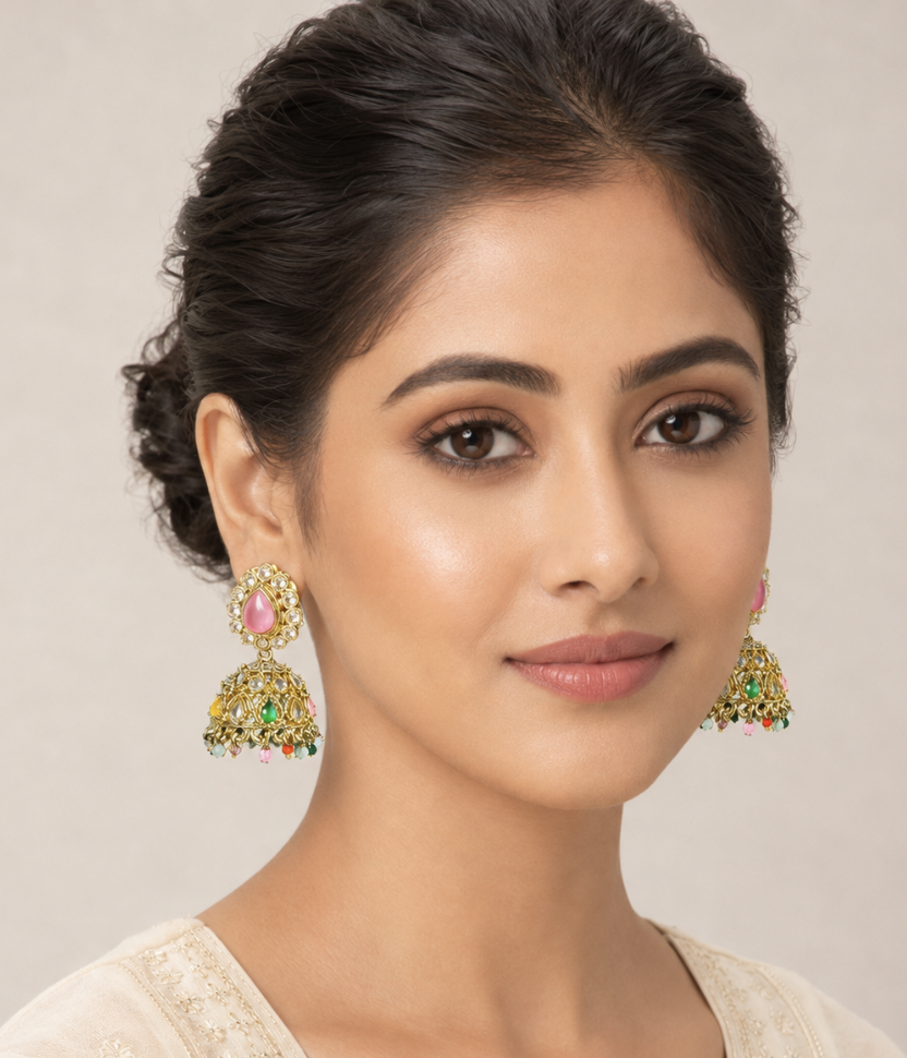 Imitation Gold-Tone Kundan Jhumka Earrings with Pink & Green Stones and Multicolor Beaded Drops — Jewellery — view 2 | Lehar Clothing UAE