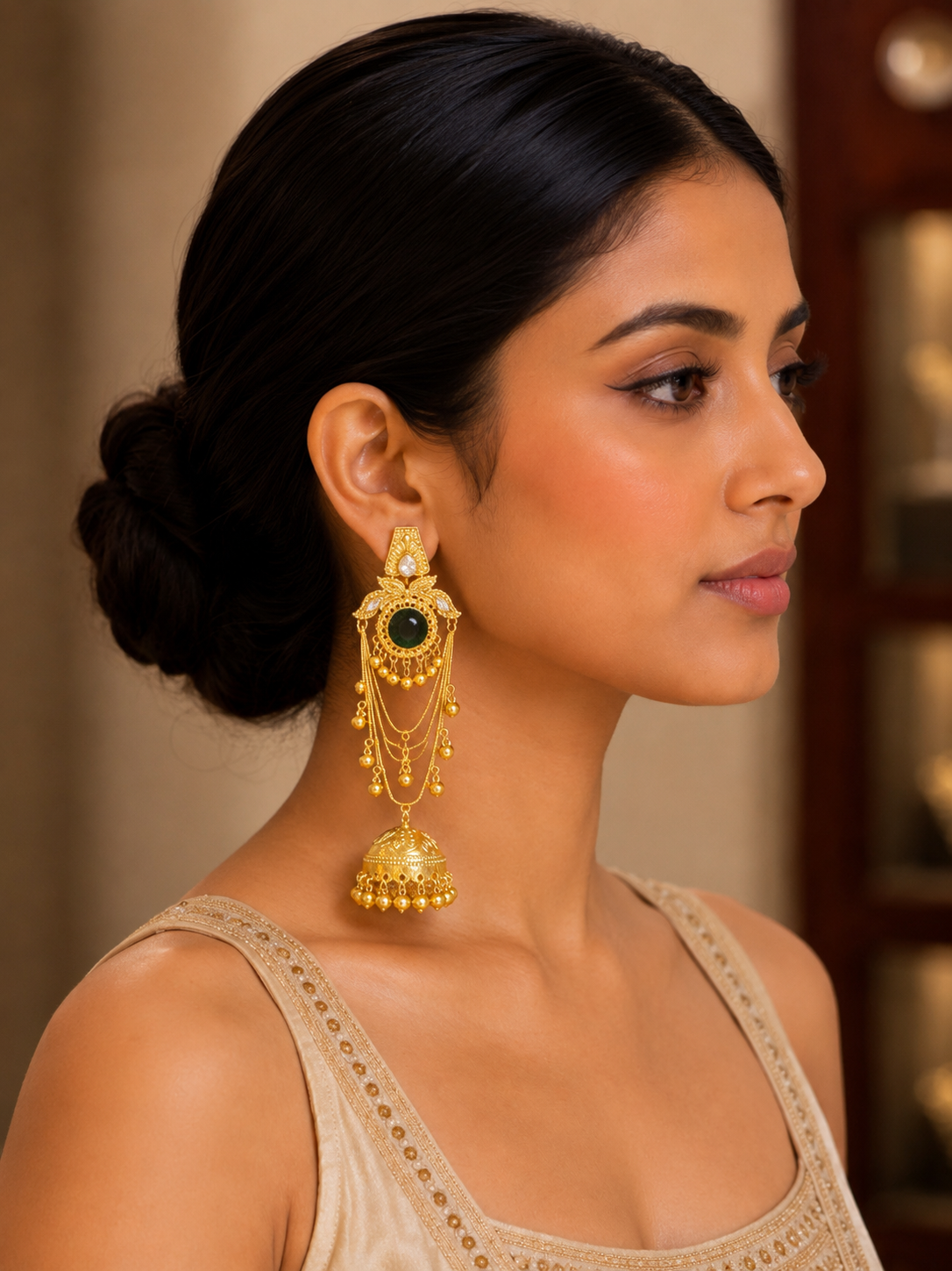 Imitation Gold-Tone Emerald Green Stone Statement Kashir Jhumka Earrings — Jewellery — view 2 | Lehar Clothing UAE