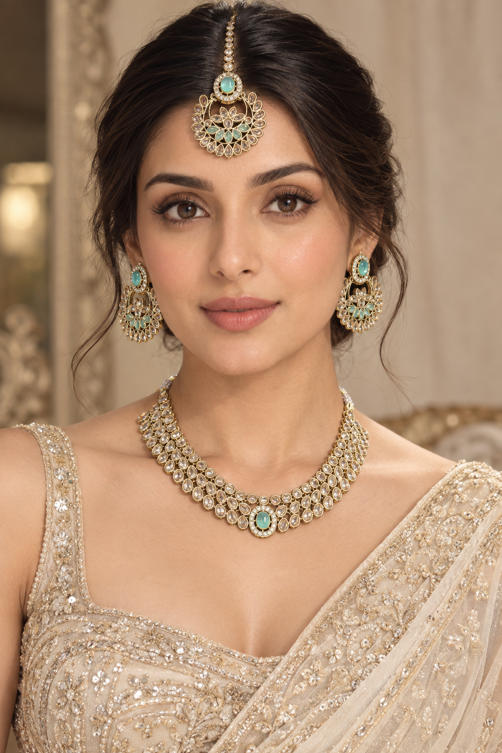Mint Green Kundan Layered Choker Set with Chandbali Earrings & Maang Tikka – Indian Bridal Jewelry — Jewellery | Lehar Clothing UAE