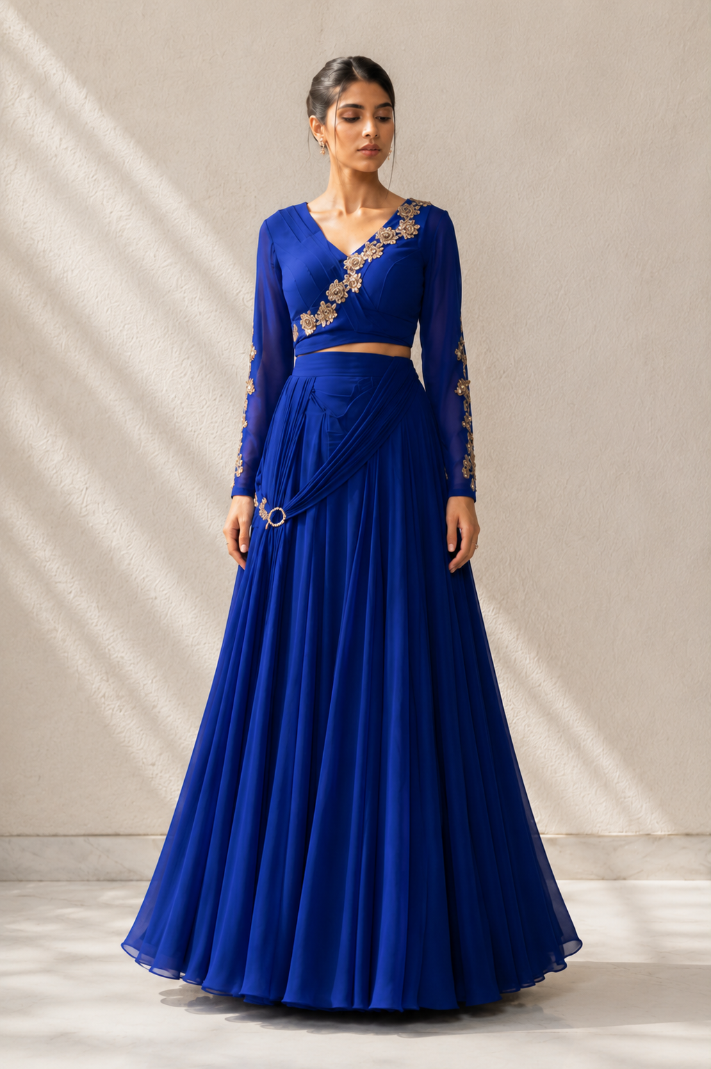 Royal Sapphire Embroidered Crop Blouse & Draped Skirt Set — Lehenga — view 2 | Lehar Clothing UAE