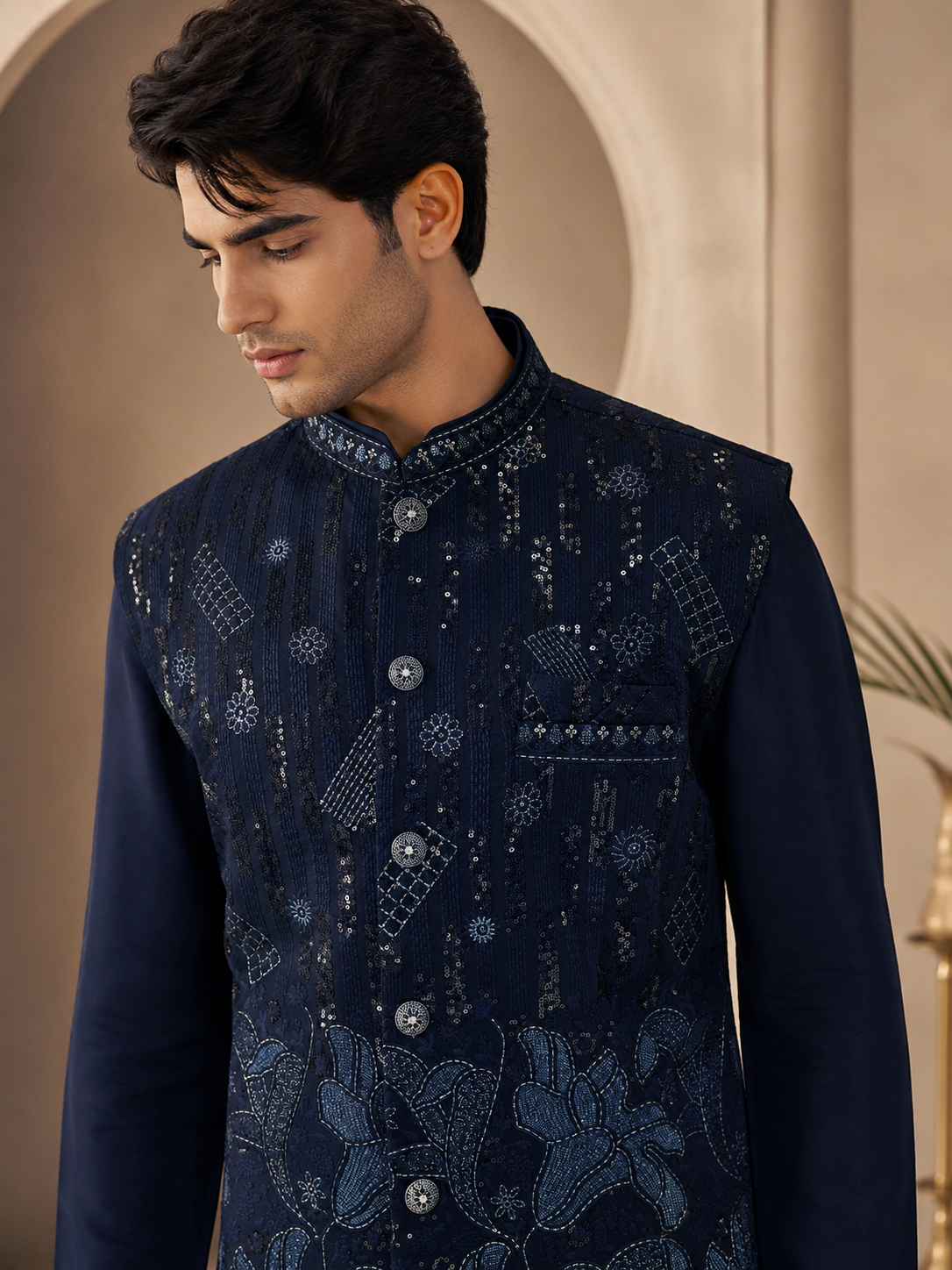Men’s Navy Blue Embroidered Kurta Pajama with Nehru Jacket – 3 Piece Festive Ethnic Wear Set — Kurta Sets — view 3 | Lehar Clothing UAE