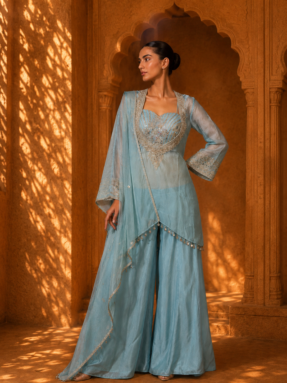 Sky Blue Embroidered Palazzo Suit Set with Draped Dupatta — Sharara Set | Lehar Clothing UAE