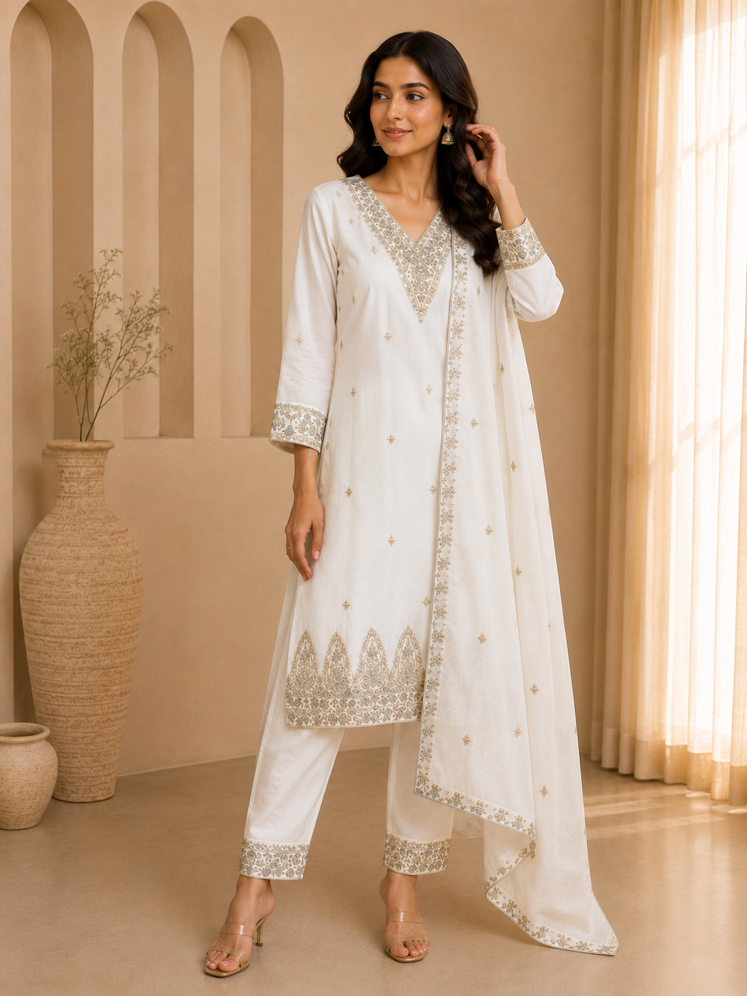 Ivory Gold Embroidered Kurta Set with Dupatta — Kurta Sets — view 2 | Lehar Clothing UAE