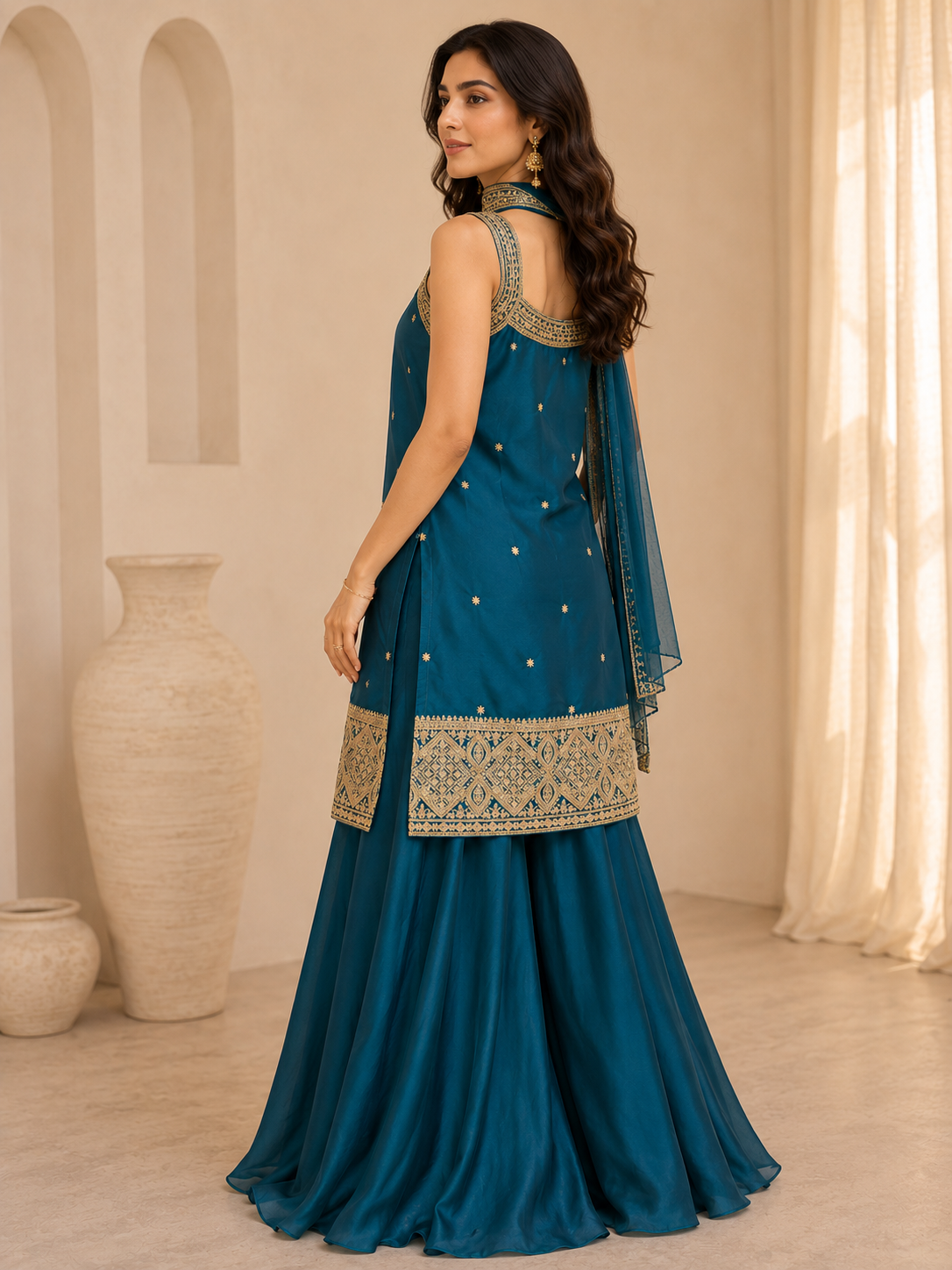 Women's Green Gold-Embroidered Kurti and Sharara Pants Set with Dupatta — Sharara Set — view 2 | Lehar Clothing UAE