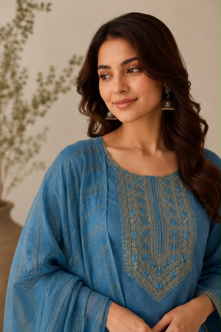 Women's Dark Blue 3-Piece Embroidered Kurta and Pant Set with Dupatta — Kurta Sets — view 3 | Lehar Clothing UAE