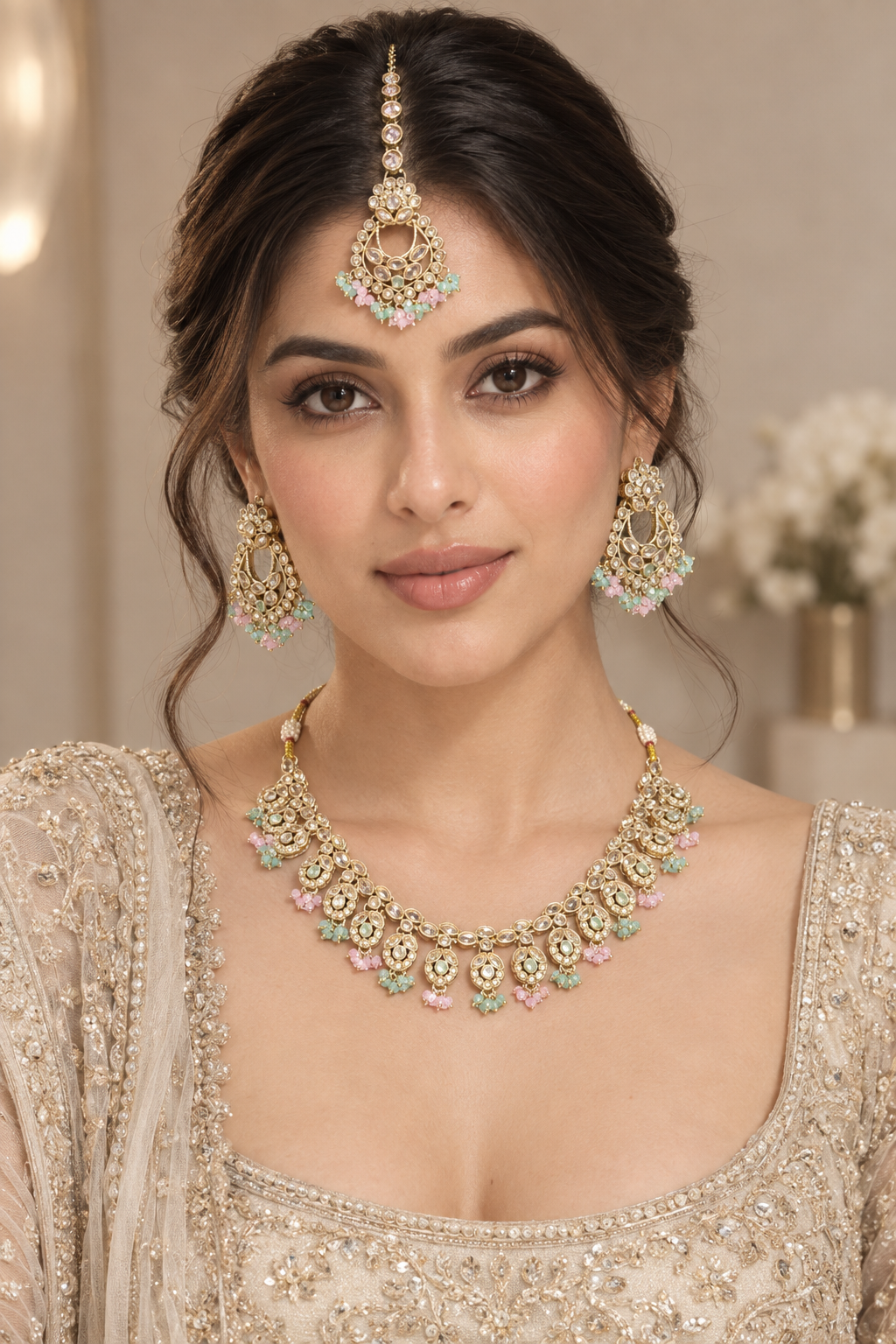Pastel Kundan Necklace Set with Chandbali Earrings & Tikka – Indian Bridal Jewelry — Jewellery — view 2 | Lehar Clothing UAE