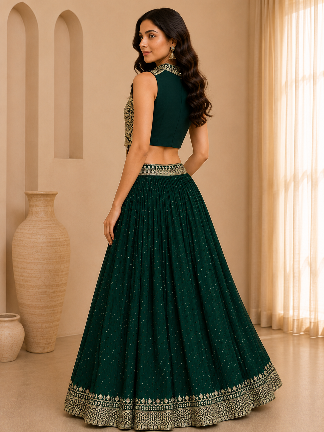 Royal Green Embroidered Lehenga Set with Designer Blouse & Dupatta — Lehenga — view 2 | Lehar Clothing UAE