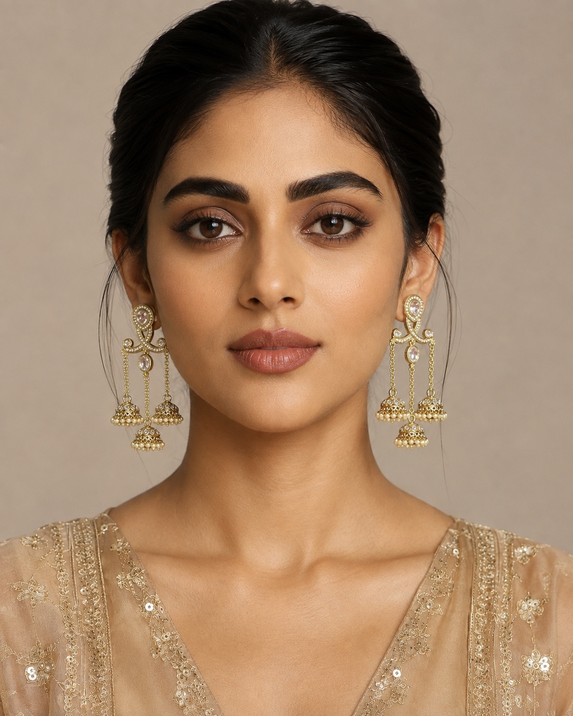 Imitation Gold-Tone Pearl Triple Jhumka Statement Kashir Dangler Earrings — Jewellery — view 2 | Lehar Clothing UAE