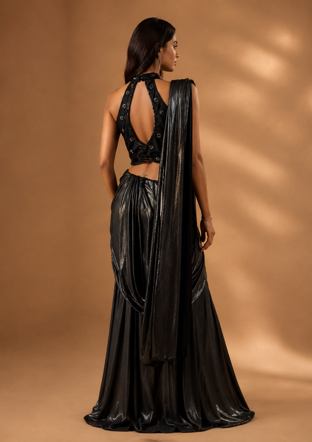 Midnight Black Sequin Halter Blouse with Pre-Draped Shimmer Saree Set — Sarees — view 3 | Lehar Clothing UAE