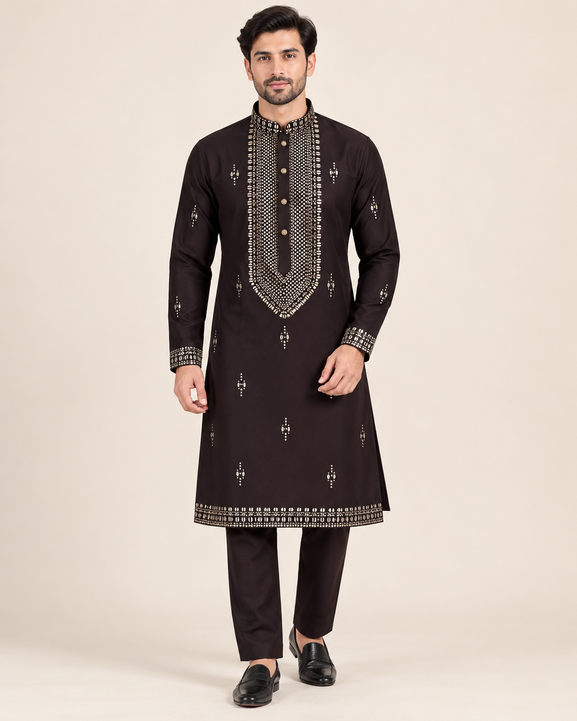 Men’s Dark Brown Mirror Work Embroidered Kurta Pajama Set — Kurta Sets — view 2 | Lehar Clothing UAE